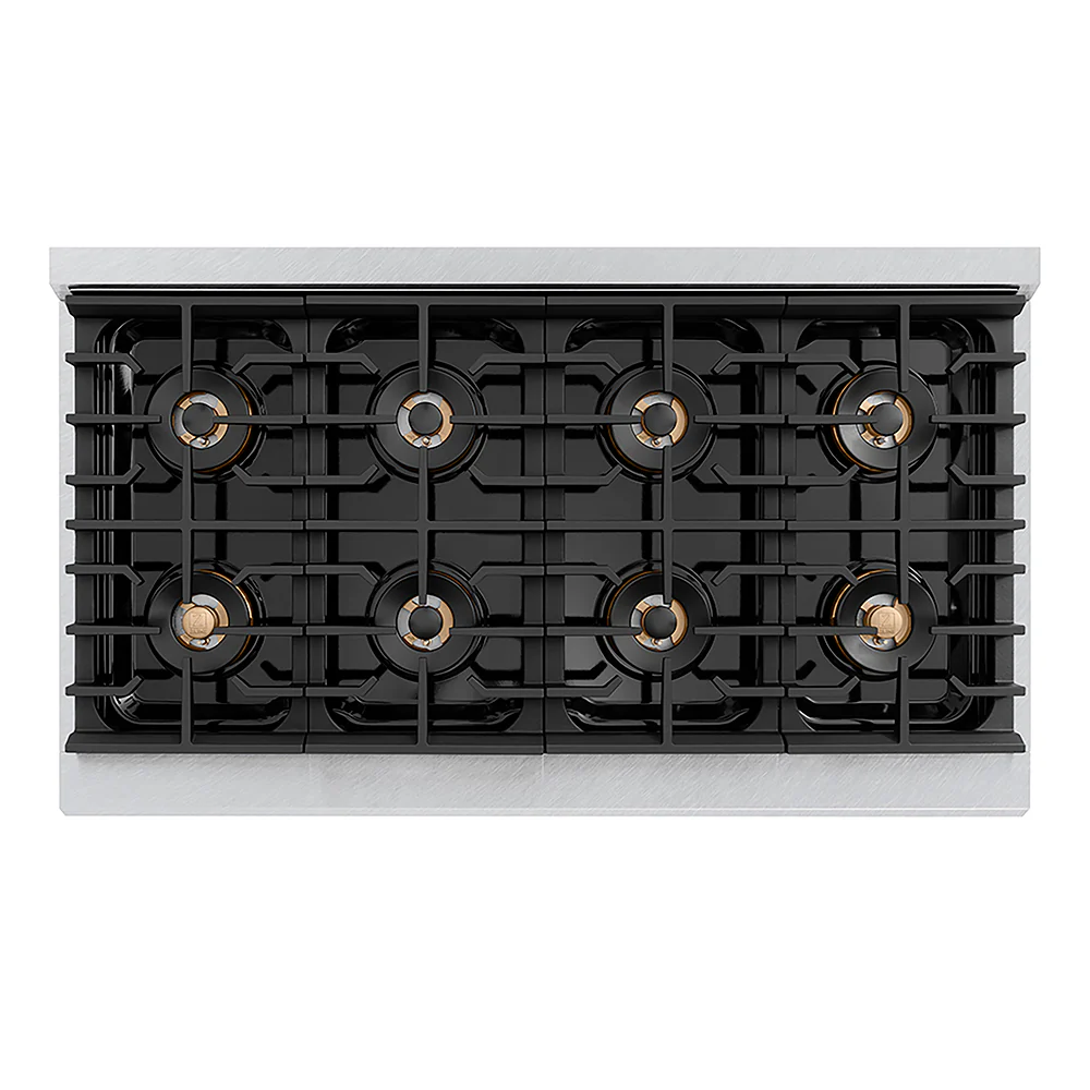 ZLINE Autograph Edition 48 in. 6.7 cu. ft. Paramount Dual Fuel Range with 8 Burner DuoPro™ Cooktop and Dual Ovens in Satin Stainless Steel with White Matte Doors and Polished Gold Accents, Open Box-Great Condition - Image 2