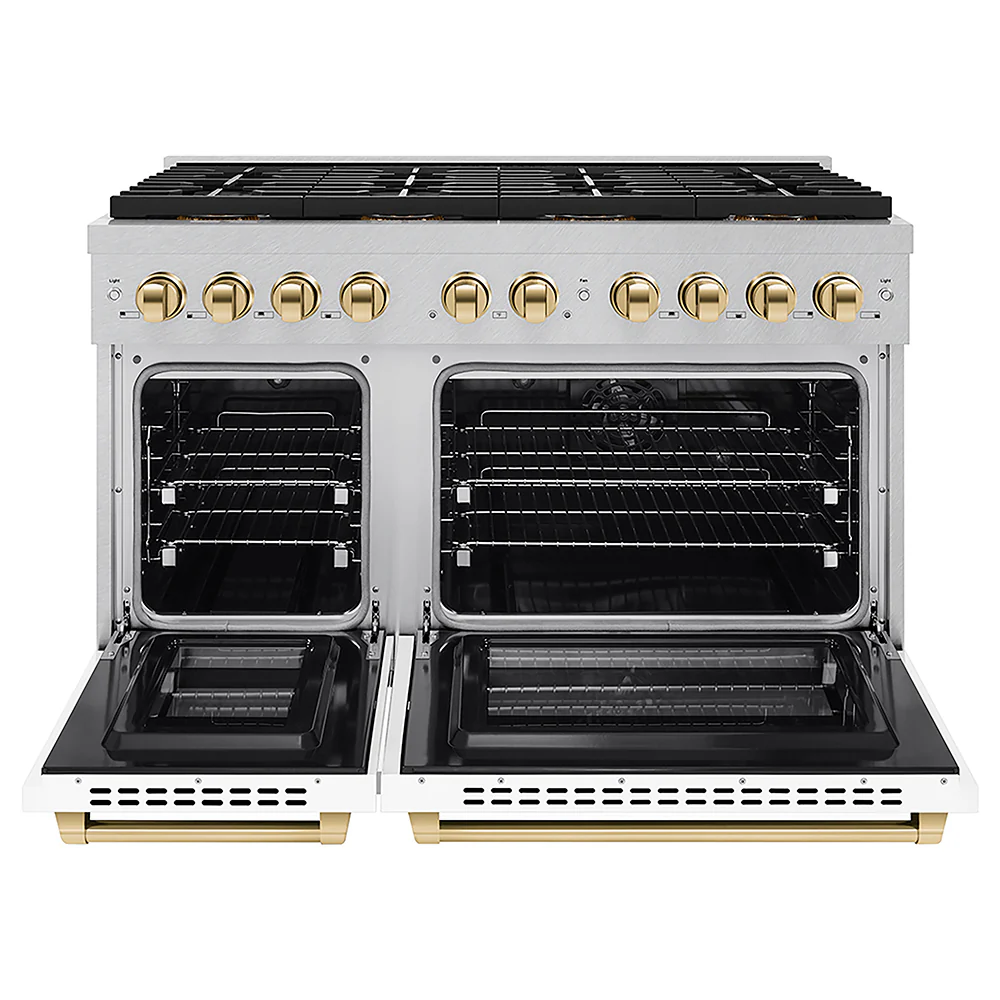 ZLINE Autograph Edition 48 in. 6.7 cu. ft. Paramount Dual Fuel Range with 8 Burner DuoPro™ Cooktop and Dual Ovens in Satin Stainless Steel with White Matte Doors and Polished Gold Accents, Open Box-Great Condition - Image 4