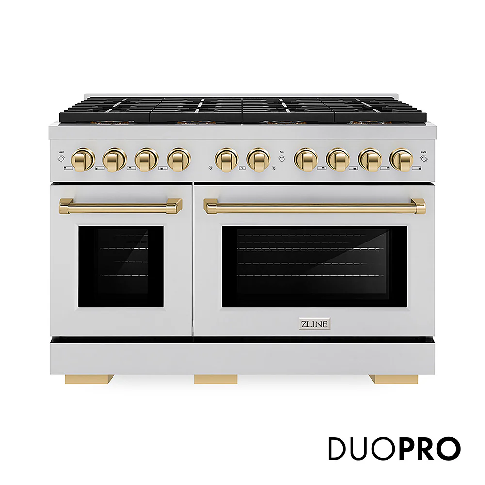 ZLINE Autograph Edition 48 in. 6.7 cu. ft. Paramount Dual Fuel Range with 8 Burner DuoPro™ Cooktop and Dual Ovens in Stainless Steel and Polished Gold Accents, Open Box-Great Condition