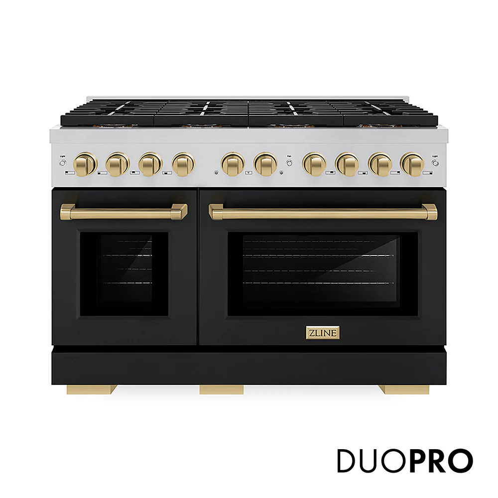 ZLINE Autograph Edition 48 in. 6.7 cu. ft. Paramount Dual Fuel Range with 8 Burner DuoPro™ Cooktop and Dual Ovens with Black Matte Doors and Champagne Bronze Accents, Open Box-Great Condition