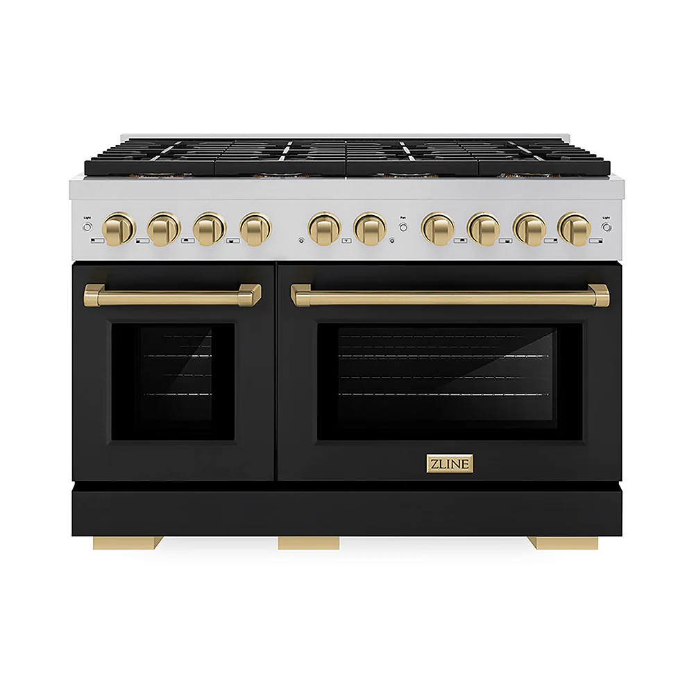 ZLINE Autograph Edition 48 in. 6.7 cu. ft. Paramount Dual Fuel Range with 8 Burner DuoPro™ Cooktop and Dual Ovens with Black Matte Doors and Champagne Bronze Accents, Open Box-Great Condition - Image 3