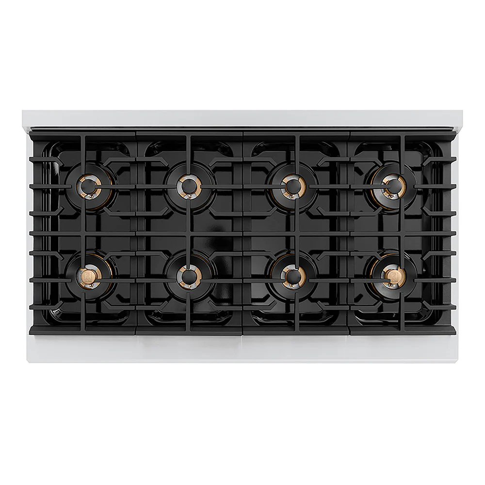 ZLINE Autograph Edition 48 in. 6.7 cu. ft. Paramount Dual Fuel Range with 8 Burner DuoPro™ Cooktop and Dual Ovens with White Matte Doors and Polished Gold Accents, Open Box-Great Condition - Image 2