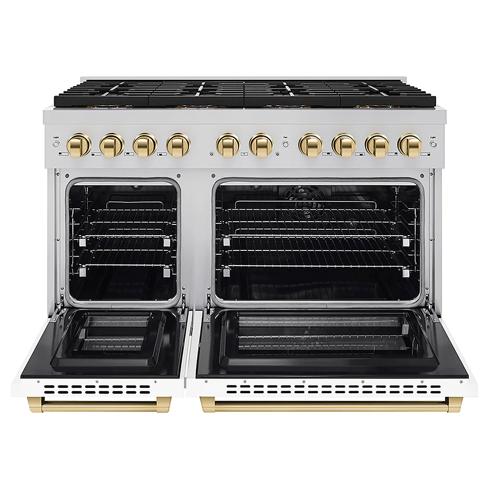 ZLINE Autograph Edition 48 in. 6.7 cu. ft. Paramount Dual Fuel Range with 8 Burner DuoPro™ Cooktop and Dual Ovens with White Matte Doors and Polished Gold Accents, Open Box-Great Condition - Image 4