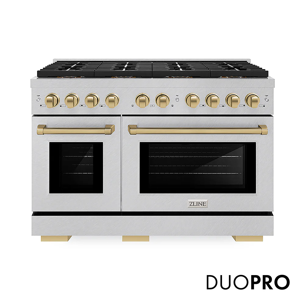 ZLINE Autograph Edition 48 in. 6.7 cu. ft. Paramount Gas Range with 8 Burner DuoPro™ Cooktop and Dual Ovens in Satin Stainless Steel and Champagne Bronze Accents, Open Box-Great Condition