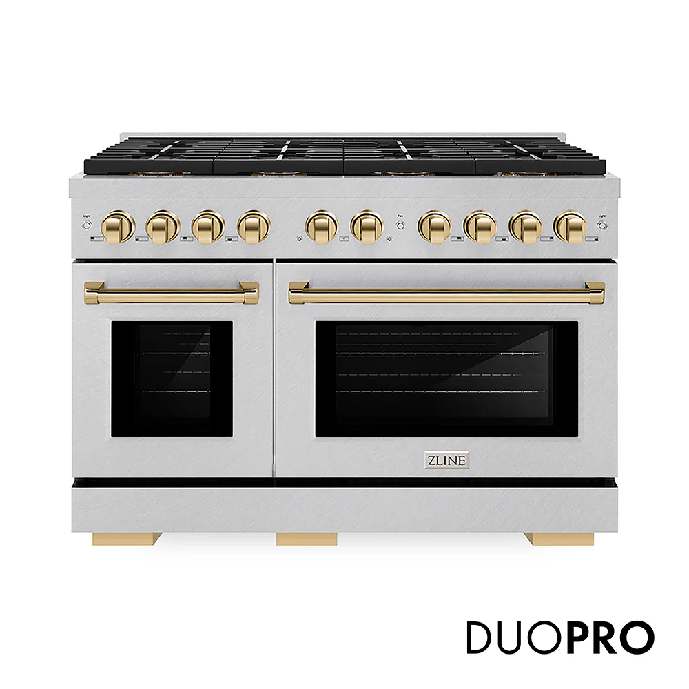 ZLINE Autograph Edition 48 in. 6.7 cu. ft. Paramount Gas Range with 8 Burner DuoPro™ Cooktop and Dual Ovens in Satin Stainless Steel and Polished Gold Accents, Open Box-Great Condition