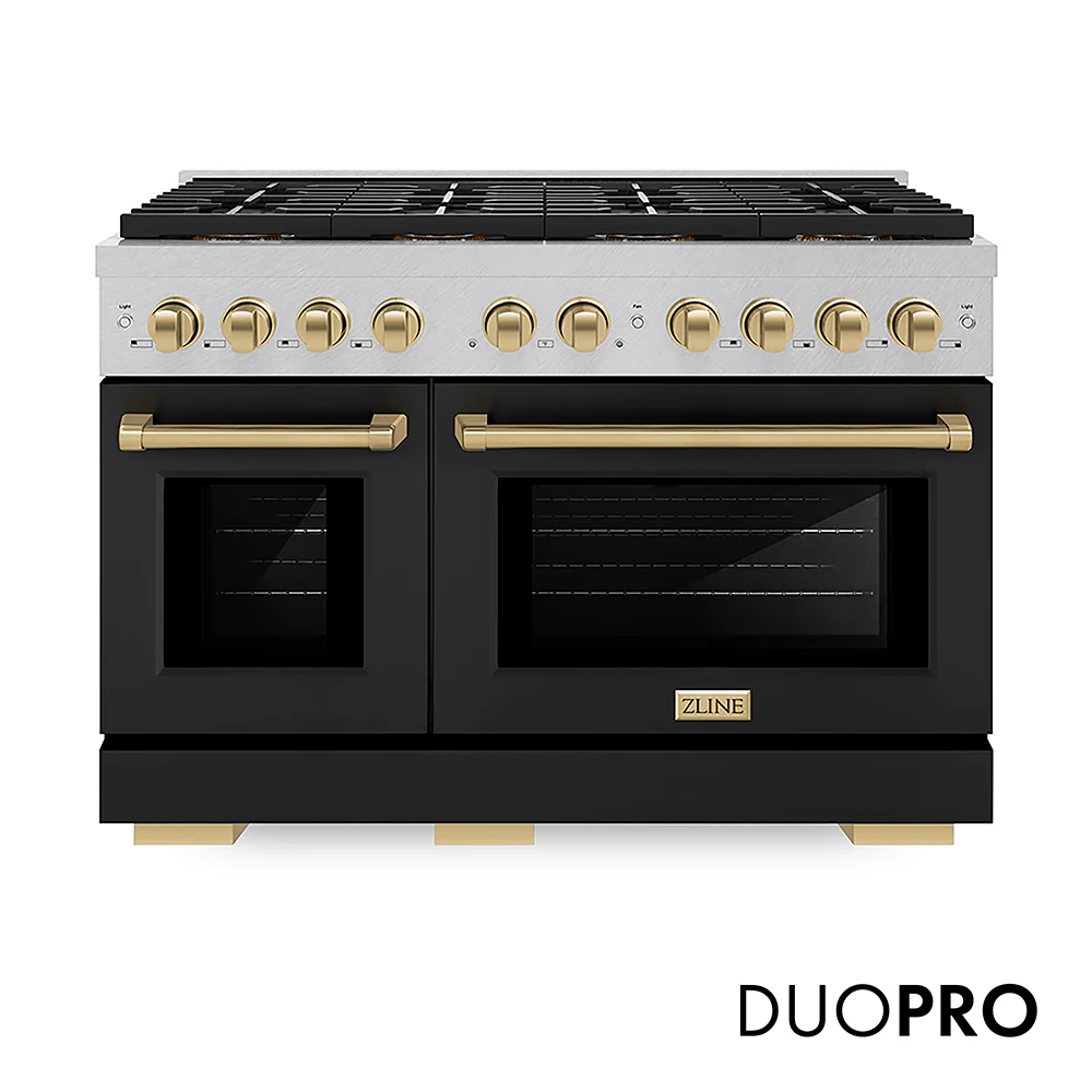 ZLINE Autograph Edition 48 in. 6.7 cu. ft. Paramount Gas Range with 8 Burner DuoPro™ Cooktop and Dual Ovens in Satin Stainless Steel with Black Matte Doors and Champagne Bronze Accents, Open Box-Great Condition