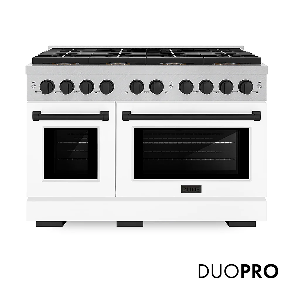 ZLINE Autograph Edition 48 in. 6.7 cu. ft. Paramount Gas Range with 8 Burner DuoPro™ Cooktop and Dual Ovens in Satin Stainless Steel with White Matte Doors and Matte Black Accents, Open Box-Great Condition