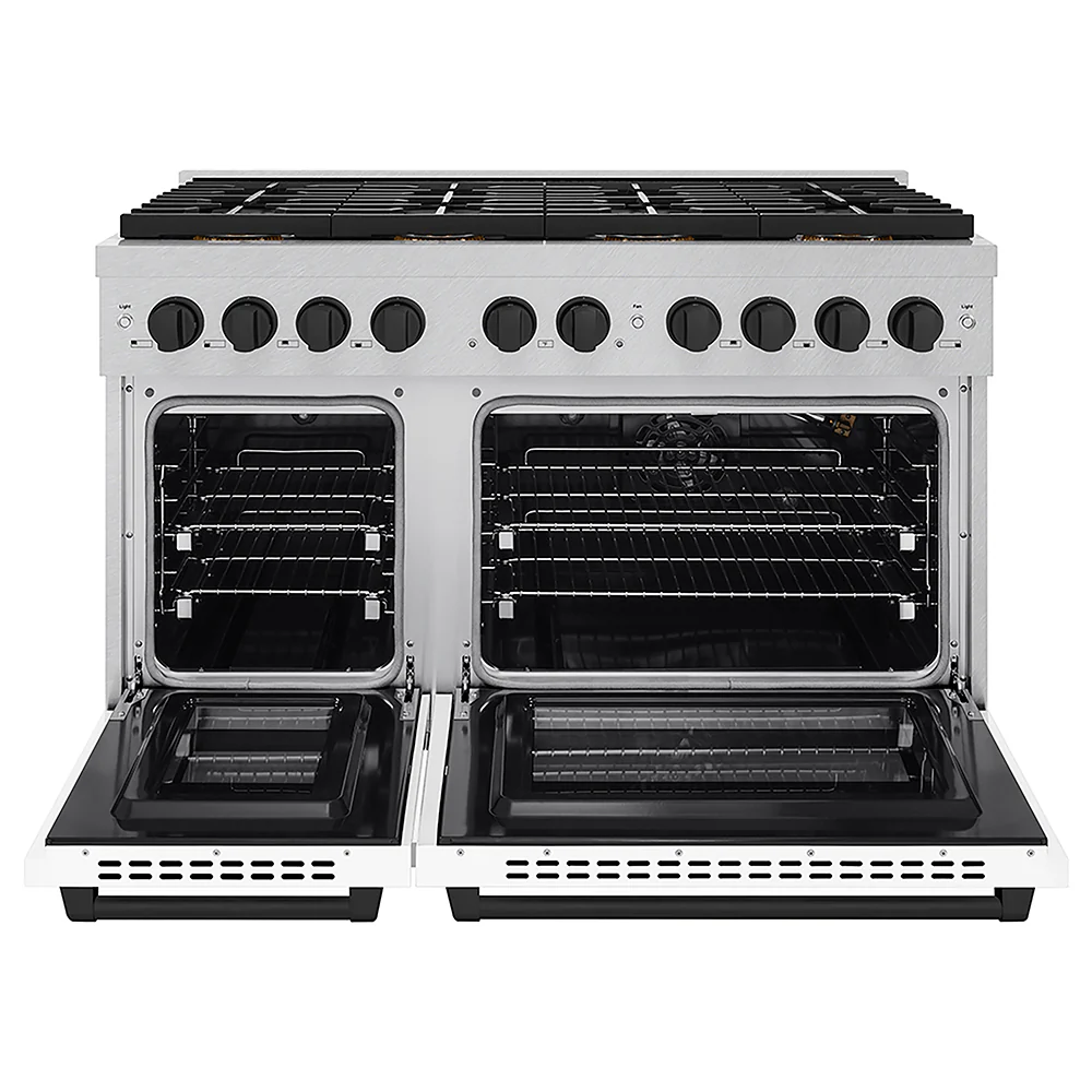 ZLINE Autograph Edition 48 in. 6.7 cu. ft. Paramount Gas Range with 8 Burner DuoPro™ Cooktop and Dual Ovens in Satin Stainless Steel with White Matte Doors and Matte Black Accents, Open Box-Great Condition - Image 4