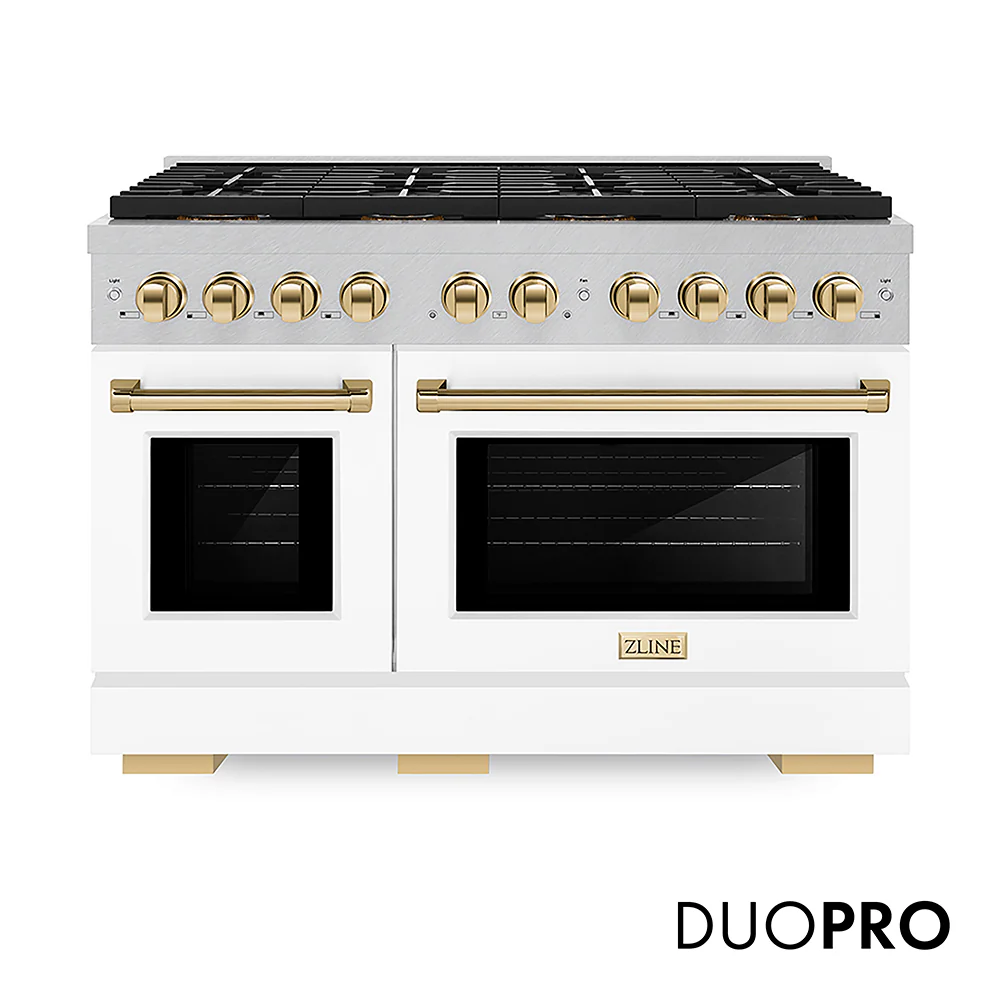 ZLINE Autograph Edition 48 in. 6.7 cu. ft. Paramount Gas Range with 8 Burner DuoPro™ Cooktop and Dual Ovens in Satin Stainless Steel with White Matte Doors and Polished Gold Accents, Open Box-Great Condition