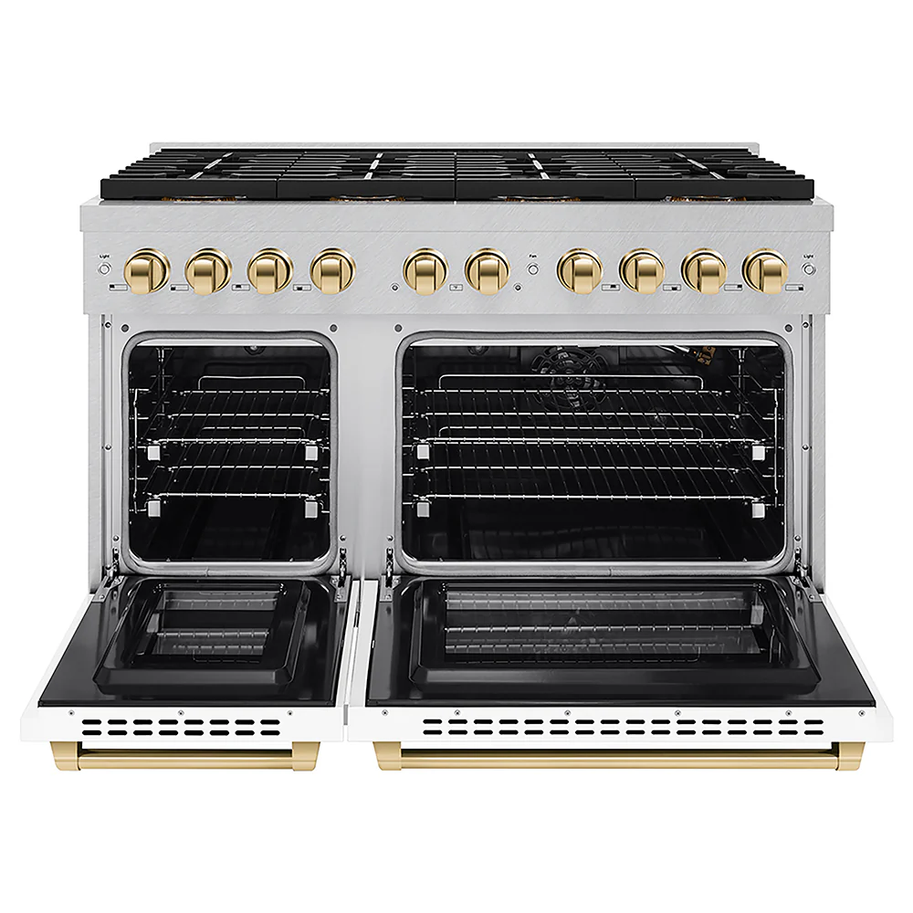 ZLINE Autograph Edition 48 in. 6.7 cu. ft. Paramount Gas Range with 8 Burner DuoPro™ Cooktop and Dual Ovens in Satin Stainless Steel with White Matte Doors and Polished Gold Accents, Open Box-Great Condition - Image 4