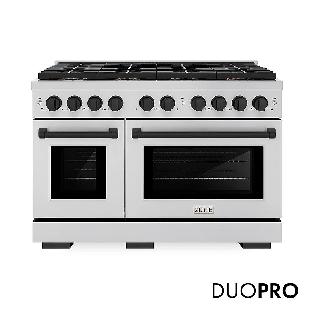 ZLINE Autograph Edition 48 in. 6.7 cu. ft. Paramount Gas Range with 8 Burner DuoPro™ Cooktop and Dual Ovens in Stainless Steel and Matte Black Accents, Open Box-Great Condition