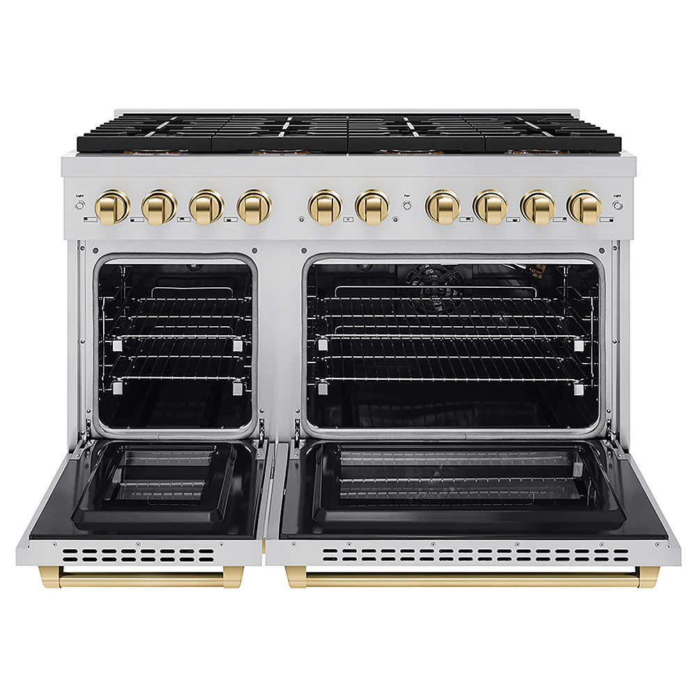 ZLINE Autograph Edition 48 in. 6.7 cu. ft. Paramount Gas Range with 8 Burner DuoPro™ Cooktop and Dual Ovens in Stainless Steel and Polished Gold Accents, Open Box-Great Condition - Image 4