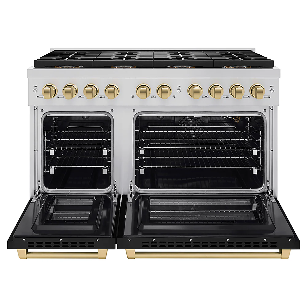 ZLINE Autograph Edition 48 in. 6.7 cu. ft. Paramount Gas Range with 8 Burner DuoPro™ Cooktop and Dual Ovens with Black Matte Doors and Champagne Bronze Accents, Open Box-Great Condition - Image 4