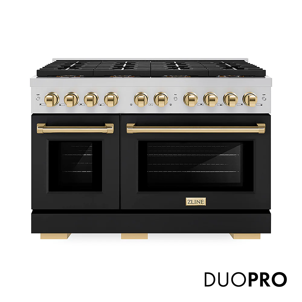 ZLINE Autograph Edition 48 in. 6.7 cu. ft. Paramount Gas Range with 8 Burner DuoPro™ Cooktop and Dual Ovens with Black Matte Doors and Polished Gold Accents, Open Box-Great Condition