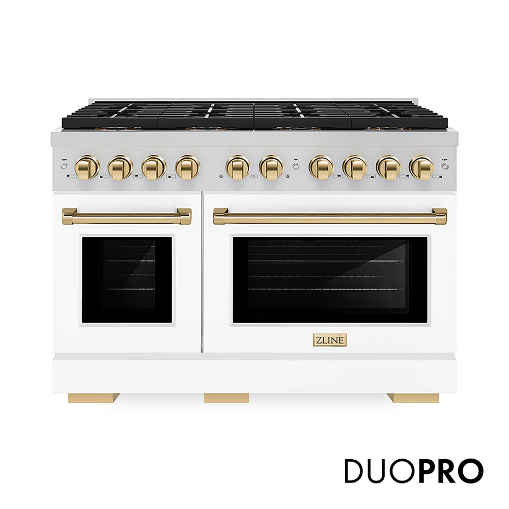 ZLINE Autograph Edition 48 in. 6.7 cu. ft. Paramount Gas Range with 8 Burner DuoPro™ Cooktop and Dual Ovens with White Matte Doors and Polished Gold Accents, Open Box-Great Condition