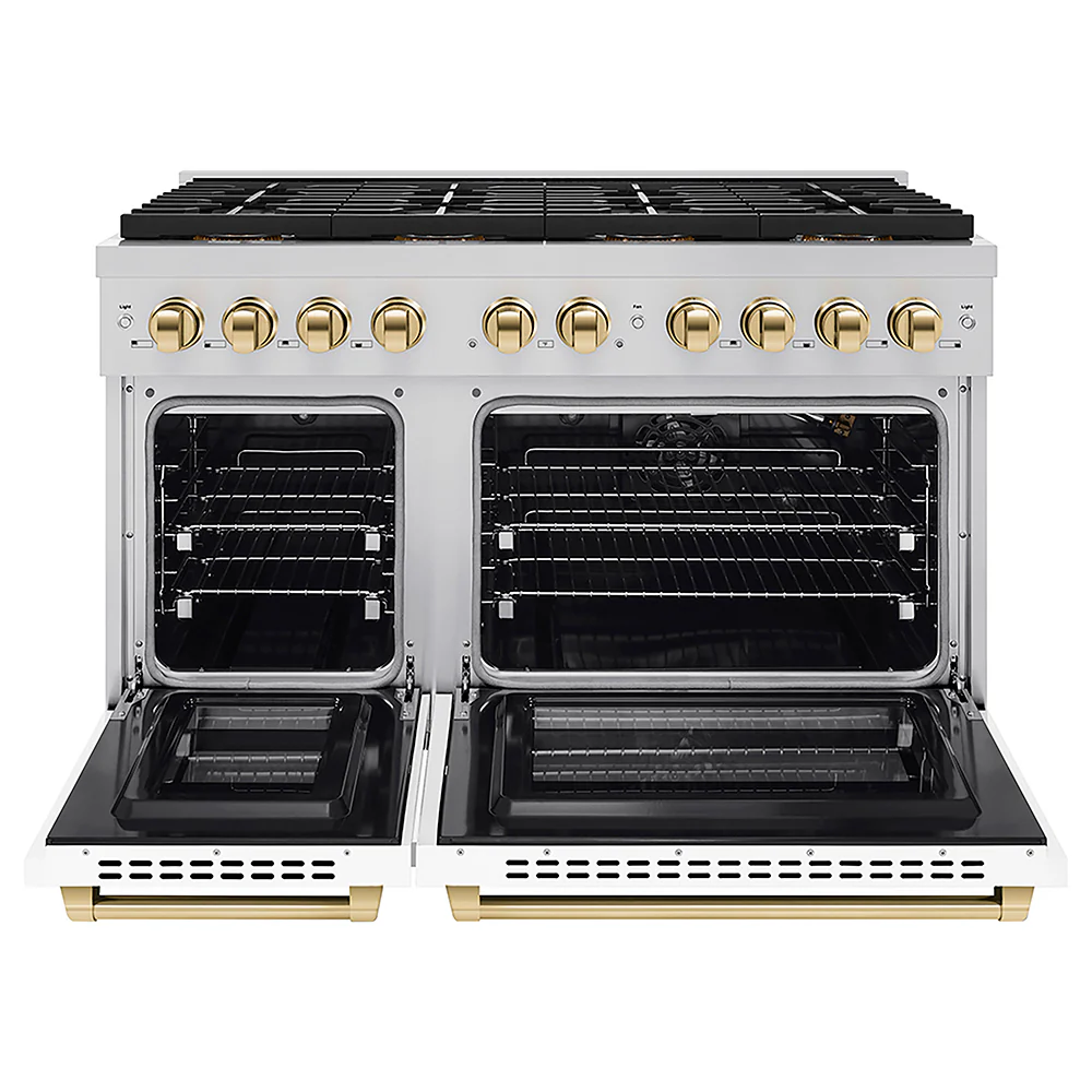 ZLINE Autograph Edition 48 in. 6.7 cu. ft. Paramount Gas Range with 8 Burner DuoPro™ Cooktop and Dual Ovens with White Matte Doors and Polished Gold Accents, Open Box-Great Condition - Image 4