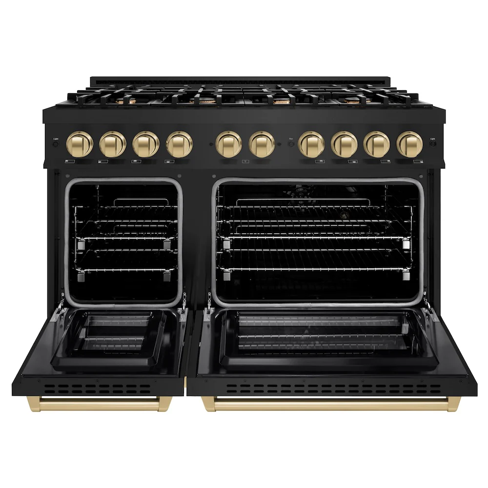 ZLINE Autograph Edition 48 in. 6.7 cu. ft. Select Double Oven Dual Fuel Range with 8 Burner Gas Cooktop in Black Stainless Steel and Champagne Bronze Accents, Open Box-Great Condition - Image 5