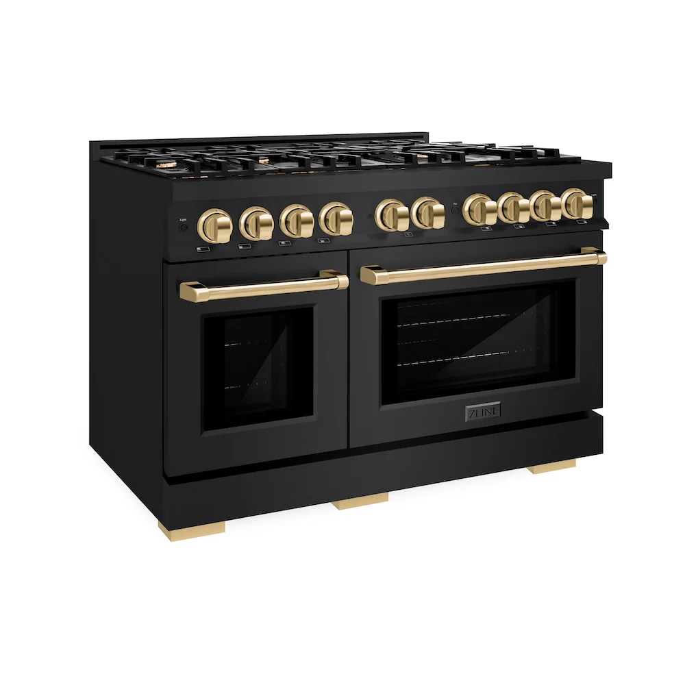 ZLINE Autograph Edition 48 in. 6.7 cu. ft. Select Double Oven Dual Fuel Range with 8 Burner Gas Cooktop in Black Stainless Steel and Polished Gold Accents, Open Box-Great Condition