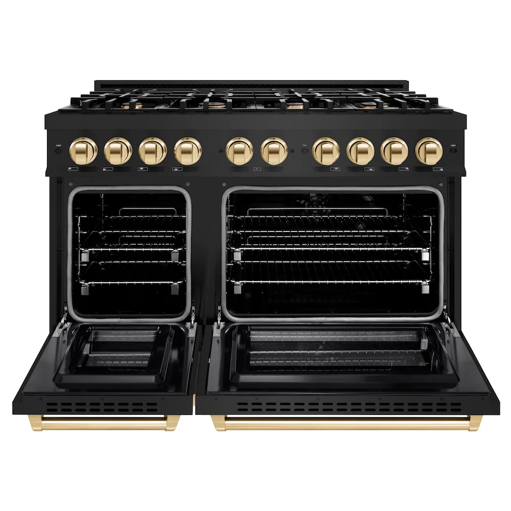 ZLINE Autograph Edition 48 in. 6.7 cu. ft. Select Double Oven Dual Fuel Range with 8 Burner Gas Cooktop in Black Stainless Steel and Polished Gold Accents, Open Box-Great Condition - Image 5