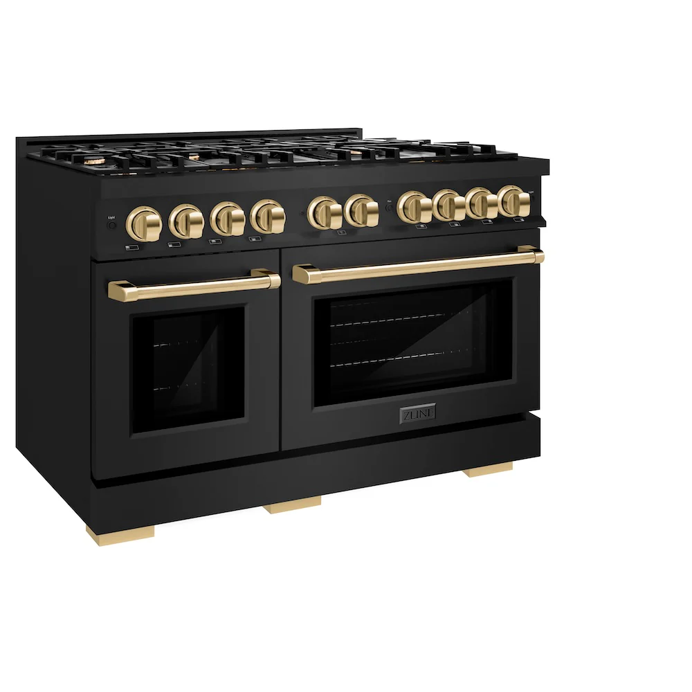 ZLINE Autograph Edition 48 in. 6.7 cu. ft. Select Double Oven Dual Fuel Range with 8 Burner Gas Cooktop in Black Stainless Steel and Polished Gold Accents, Open Box-Great Condition - Image 6
