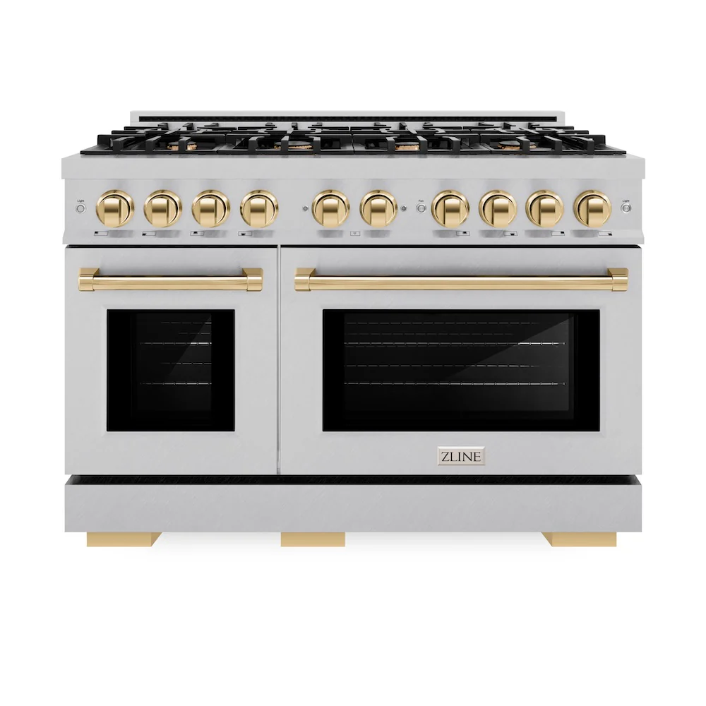 ZLINE Autograph Edition 48 in. 6.7 cu. ft. Select Double Oven Dual Fuel Range with 8 Burner Gas Cooktop in Satin Stainless Steel and Polished Gold Accents, Open Box-Great Condition - Image 3