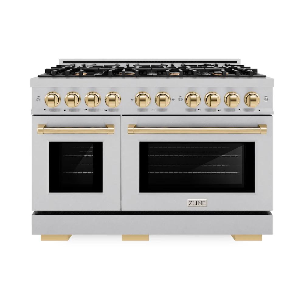 ZLINE Autograph Edition 48 in. 6.7 cu. ft. Select Double Oven Dual Fuel Range with 8 Burner Gas Cooktop in Satin Stainless Steel and Polished Gold Accents, Open Box-Great Condition - Image 4