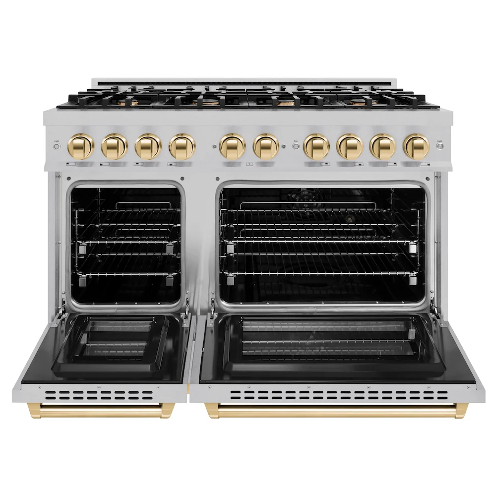 ZLINE Autograph Edition 48 in. 6.7 cu. ft. Select Double Oven Dual Fuel Range with 8 Burner Gas Cooktop in Satin Stainless Steel and Polished Gold Accents, Open Box-Great Condition - Image 5