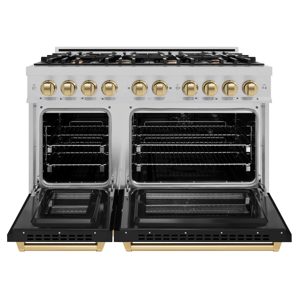 ZLINE Autograph Edition 48 in. 6.7 cu. ft. Select Double Oven Dual Fuel Range with 8 Burner Gas Cooktop in Satin Stainless Steel with Black Matte Doors and Champagne Bronze Accents, Open Box-Great Condition - Image 5