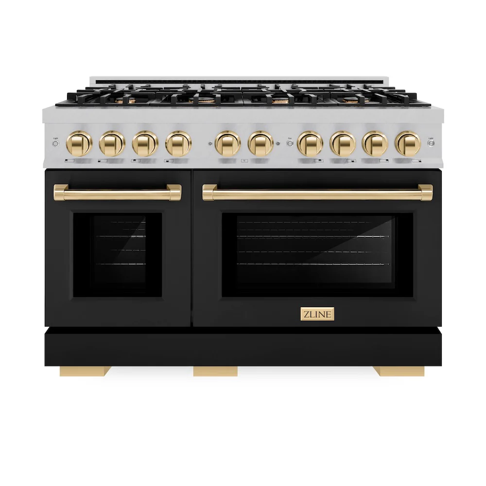 ZLINE Autograph Edition 48 in. 6.7 cu. ft. Select Double Oven Dual Fuel Range with 8 Burner Gas Cooktop in Satin Stainless Steel with Black Matte Doors and Polished Gold Accents, Open Box-Great Condition - Image 3