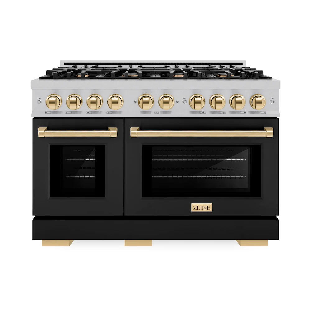 ZLINE Autograph Edition 48 in. 6.7 cu. ft. Select Double Oven Dual Fuel Range with 8 Burner Gas Cooktop in Satin Stainless Steel with Black Matte Doors and Polished Gold Accents, Open Box-Great Condition - Image 4