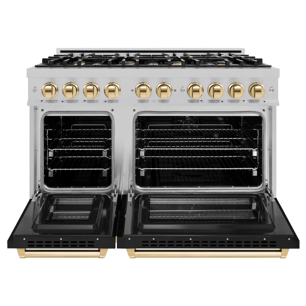 ZLINE Autograph Edition 48 in. 6.7 cu. ft. Select Double Oven Dual Fuel Range with 8 Burner Gas Cooktop in Satin Stainless Steel with Black Matte Doors and Polished Gold Accents, Open Box-Great Condition - Image 5