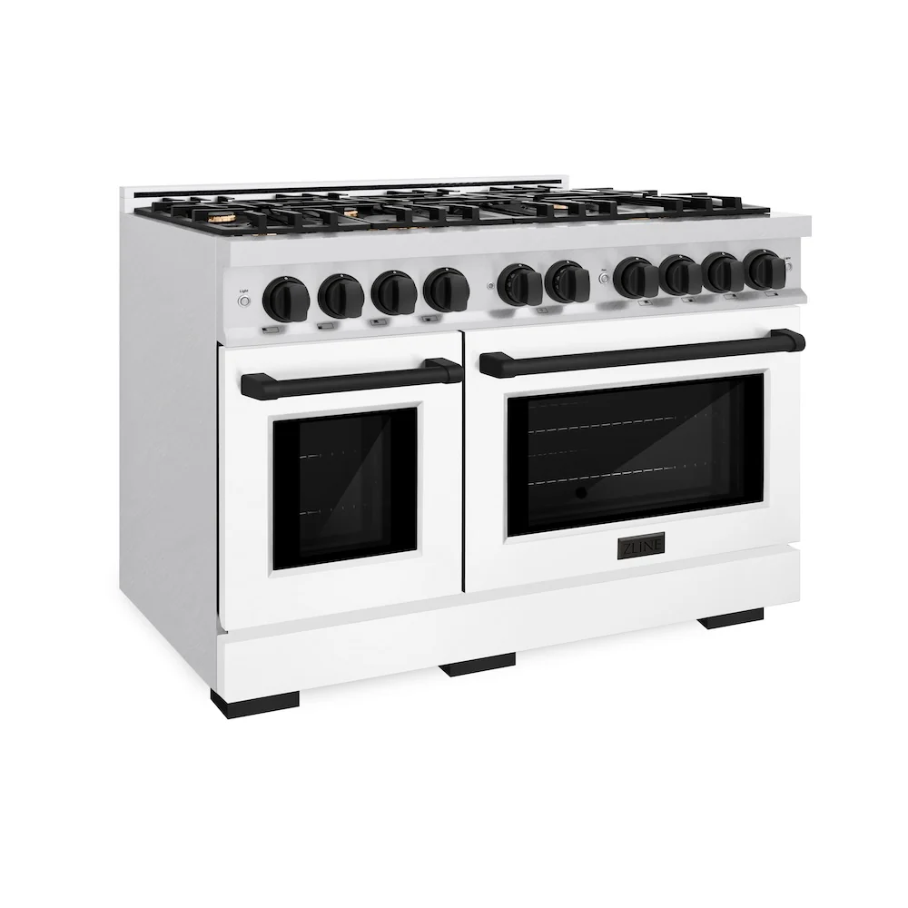 ZLINE Autograph Edition 48 in. 6.7 cu. ft. Select Double Oven Dual Fuel Range with 8 Burner Gas Cooktop in Satin Stainless Steel with White Matte Doors and Matte Black Accents, Open Box-Great Condition