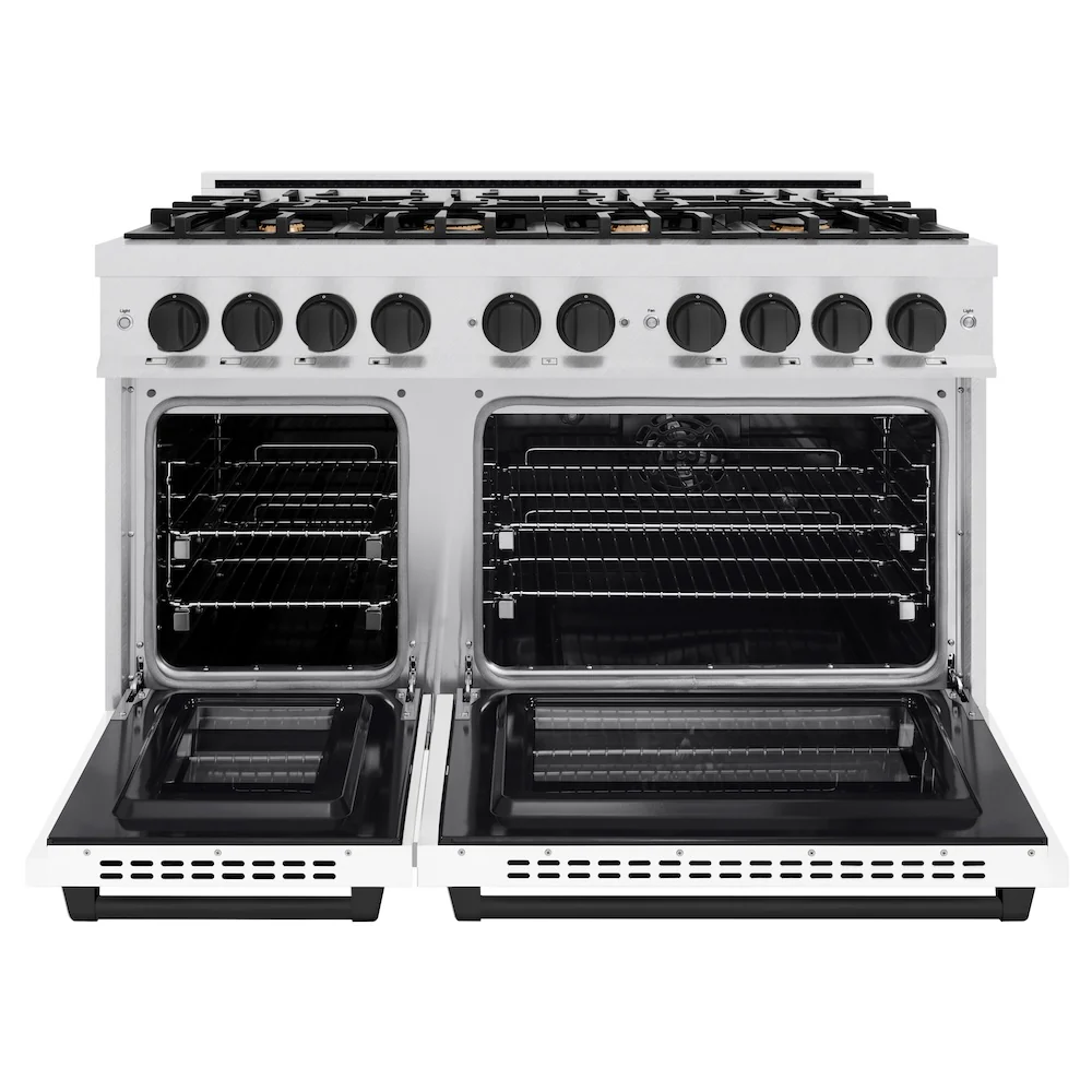 ZLINE Autograph Edition 48 in. 6.7 cu. ft. Select Double Oven Dual Fuel Range with 8 Burner Gas Cooktop in Satin Stainless Steel with White Matte Doors and Matte Black Accents, Open Box-Great Condition - Image 5