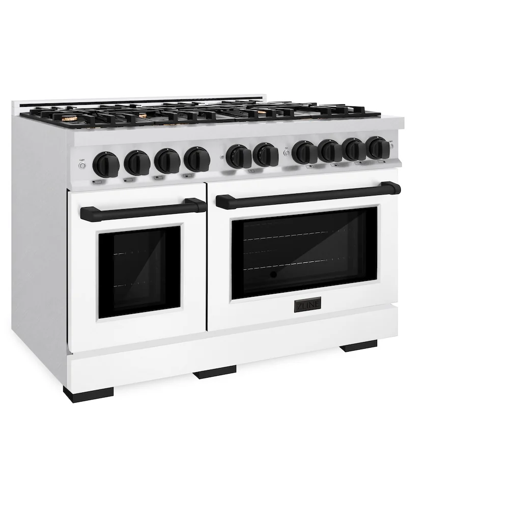 ZLINE Autograph Edition 48 in. 6.7 cu. ft. Select Double Oven Dual Fuel Range with 8 Burner Gas Cooktop in Satin Stainless Steel with White Matte Doors and Matte Black Accents, Open Box-Great Condition - Image 6