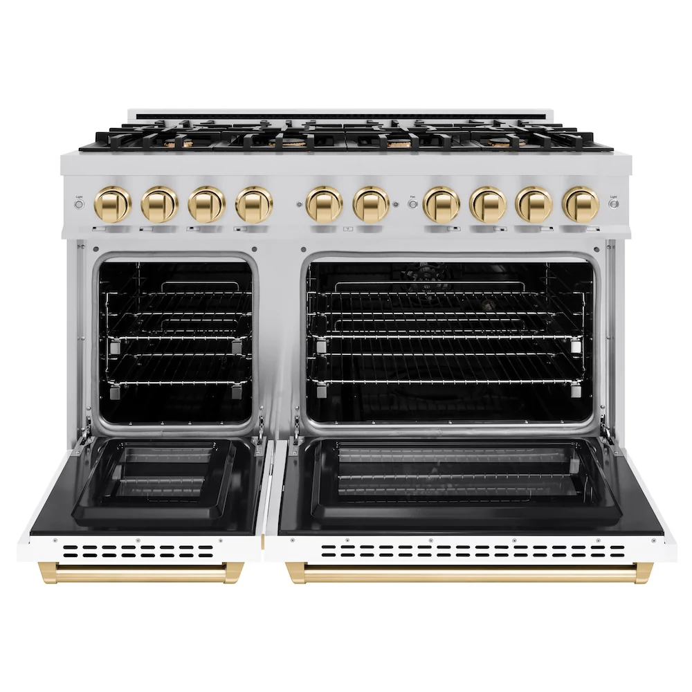 ZLINE Autograph Edition 48 in. 6.7 cu. ft. Select Double Oven Dual Fuel Range with 8 Burner Gas Cooktop in Satin Stainless Steel with White Matte Doors and Polished Gold Accents, Open Box-Great Condition - Image 5
