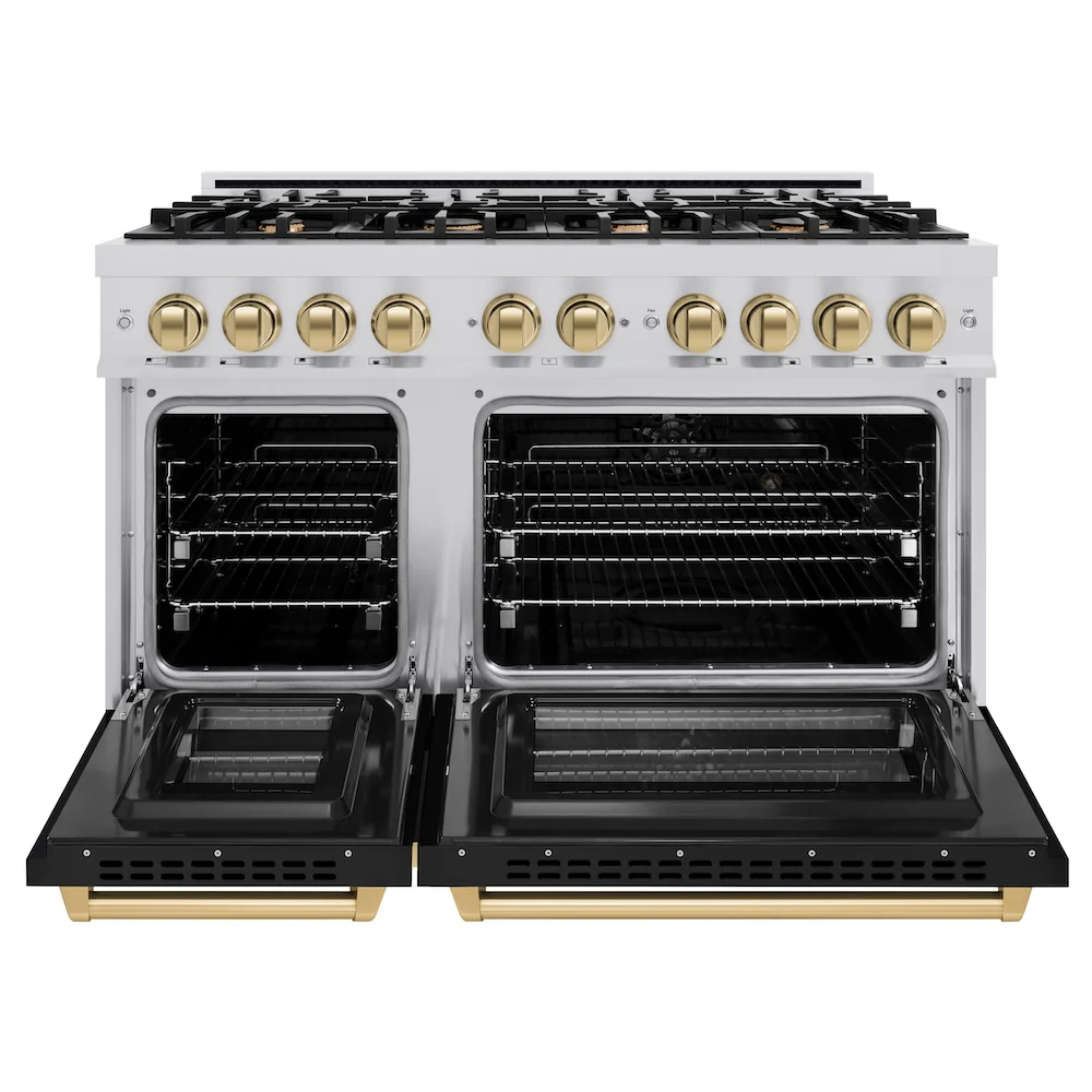 ZLINE Autograph Edition 48 in. 6.7 cu. ft. Select Double Oven Dual Fuel Range with 8 Burner Gas Cooktop in Stainless Steel with Black Matte Doors and Champagne Bronze Accents, Open Box-Great Condition - Image 5