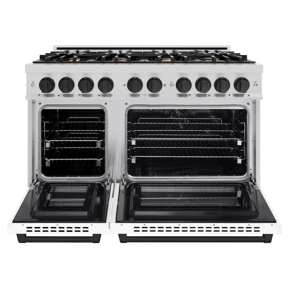 ZLINE Autograph Edition 48 in. 6.7 cu. ft. Select Double Oven Dual Fuel Range with 8 Burner Gas Cooktop in Stainless Steel with White Matte Door and Matte Black Accents, Open Box-Great Condition - Image 5