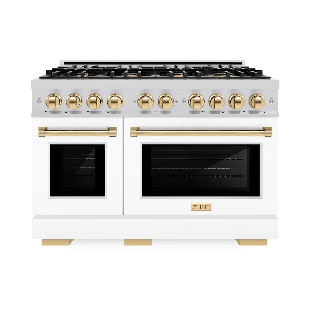 ZLINE Autograph Edition 48 in. 6.7 cu. ft. Select Double Oven Dual Fuel Range with 8 Burner Gas Cooktop in Stainless Steel with White Matte Door and Polished Gold Accents, Open Box-Great Condition - Image 4