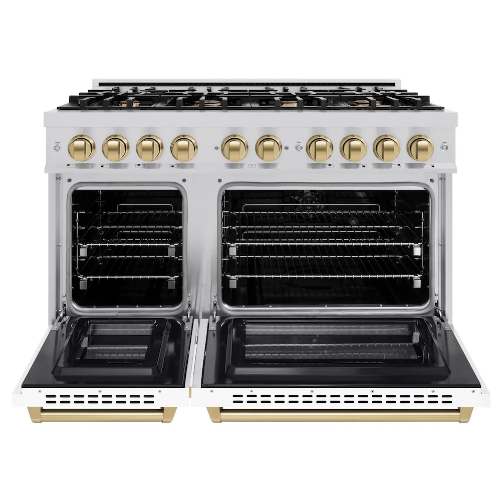ZLINE Autograph Edition 48 in. 6.7 cu. ft. Select Double Oven Dual Fuel Range with 8 Burner Gas Cooktop in Stainless Steel with White Matte Doors and Champagne Bronze Accents, Open Box-Great Condition - Image 5