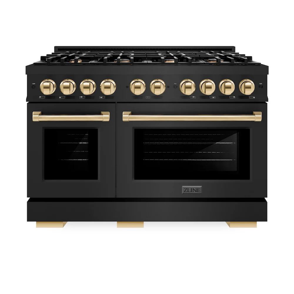 ZLINE Autograph Edition 48 in. 6.7 cu. ft. Select Double Oven Gas Range with 8 Burner Cooktop in Black Stainless Steel and Polished Gold Accents, Open Box-Great Condition - Image 3