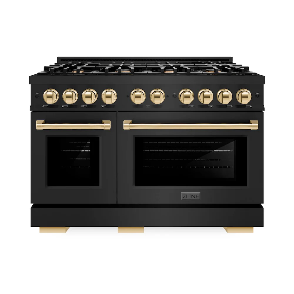 ZLINE Autograph Edition 48 in. 6.7 cu. ft. Select Double Oven Gas Range with 8 Burner Cooktop in Black Stainless Steel and Polished Gold Accents, Open Box-Great Condition - Image 4