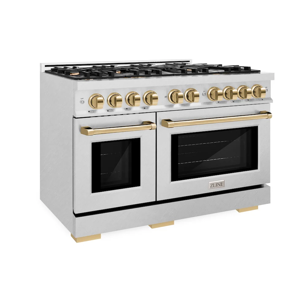 ZLINE Autograph Edition 48 in. 6.7 cu. ft. Select Double Oven Gas Range with 8 Burner Cooktop in Satin Stainless Steel and Polished Gold Accents, Open Box-Great Condition
