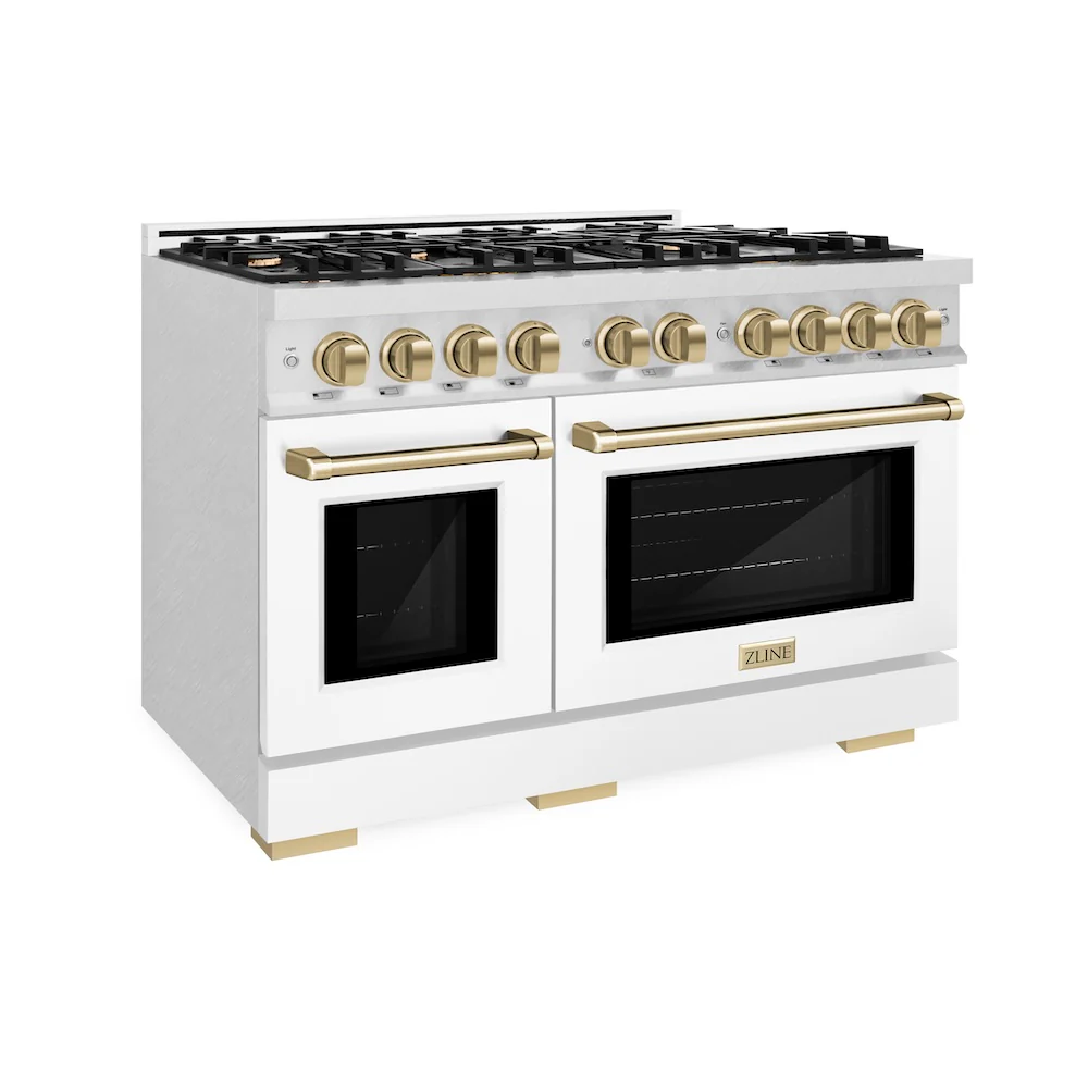 ZLINE Autograph Edition 48 in. 6.7 cu. ft. Select Double Oven Gas Range with 8 Burner Cooktop in Satin Stainless Steel with White Matte Doors and Champagne Bronze Accents, Open Box-Great Condition