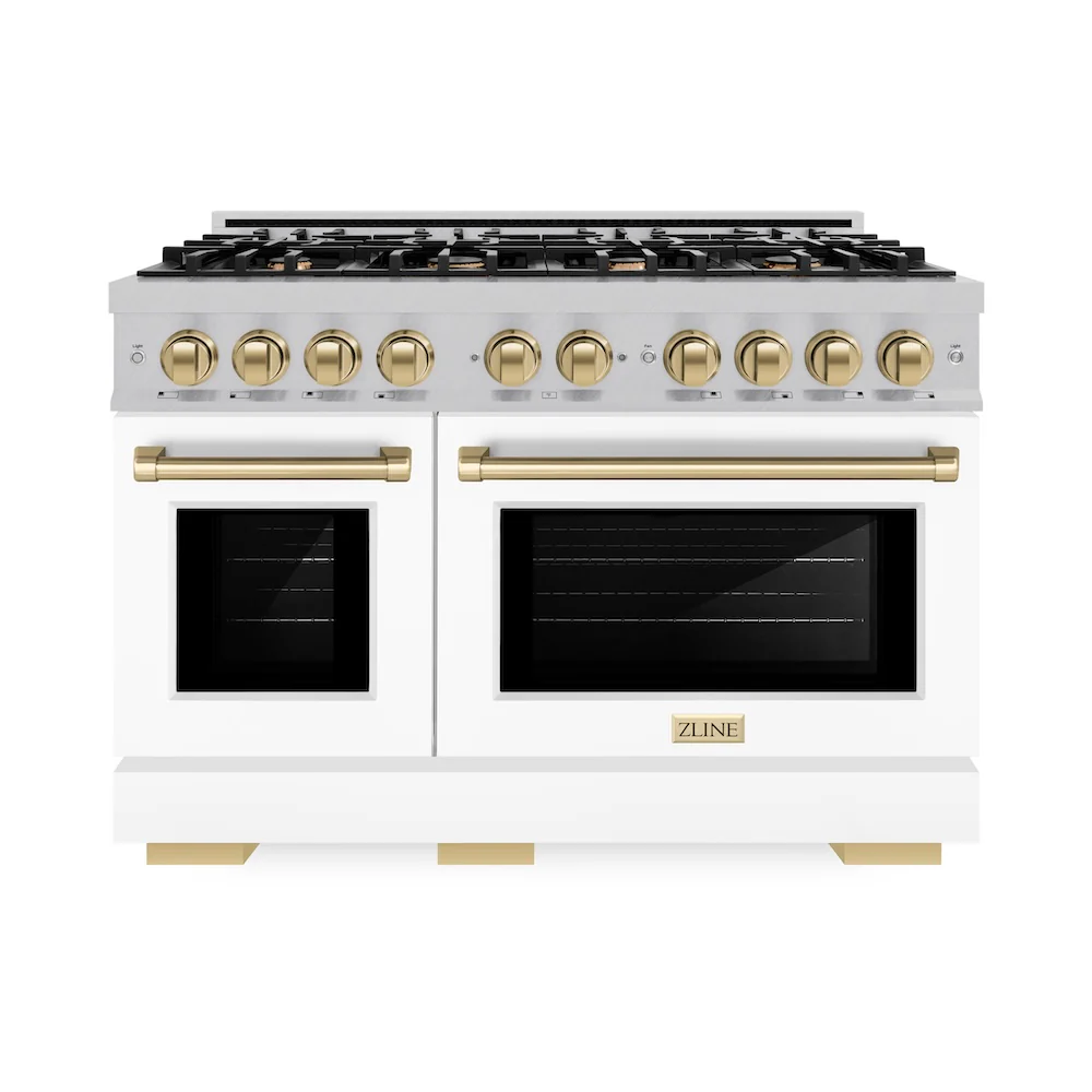 ZLINE Autograph Edition 48 in. 6.7 cu. ft. Select Double Oven Gas Range with 8 Burner Cooktop in Satin Stainless Steel with White Matte Doors and Champagne Bronze Accents, Open Box-Great Condition - Image 4