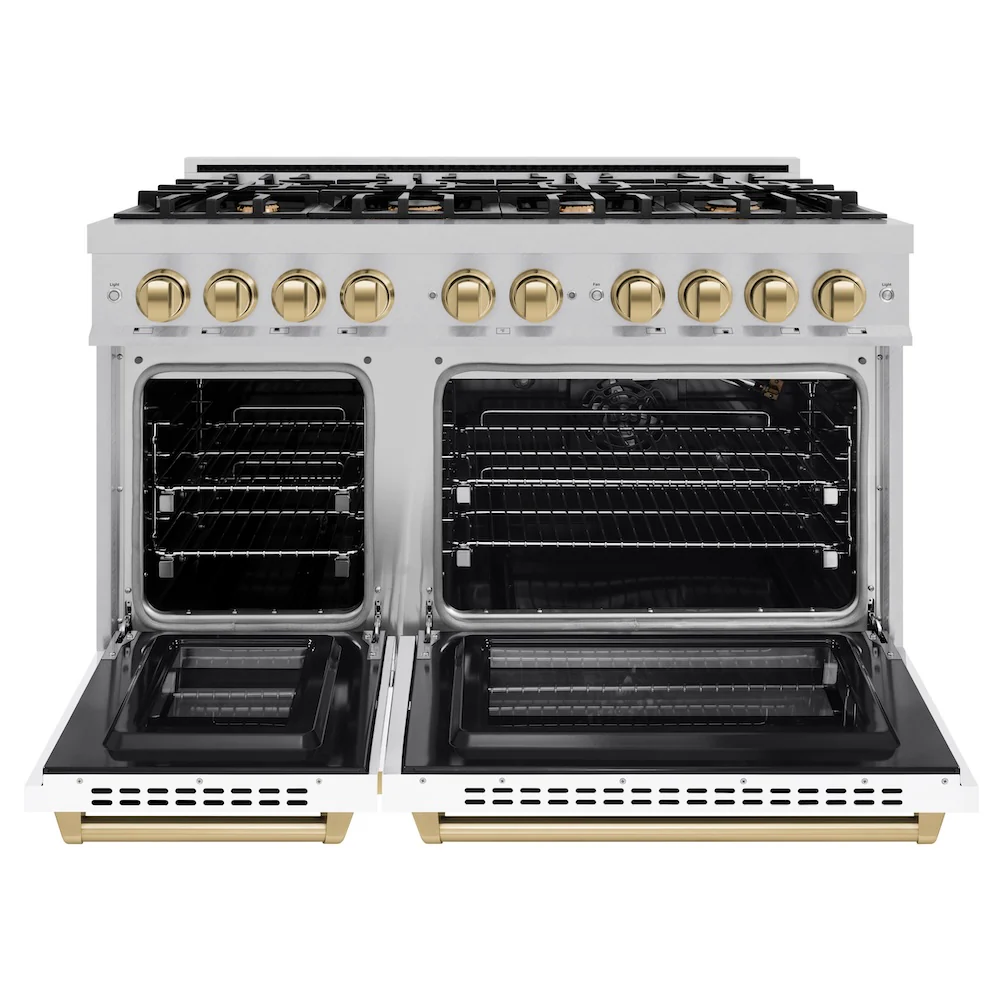 ZLINE Autograph Edition 48 in. 6.7 cu. ft. Select Double Oven Gas Range with 8 Burner Cooktop in Satin Stainless Steel with White Matte Doors and Champagne Bronze Accents, Open Box-Great Condition - Image 5