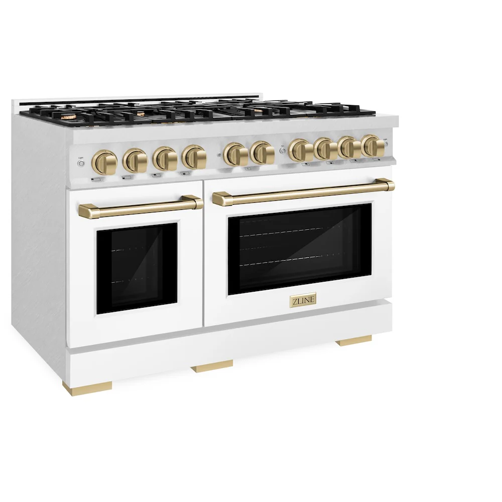 ZLINE Autograph Edition 48 in. 6.7 cu. ft. Select Double Oven Gas Range with 8 Burner Cooktop in Satin Stainless Steel with White Matte Doors and Champagne Bronze Accents, Open Box-Great Condition - Image 6