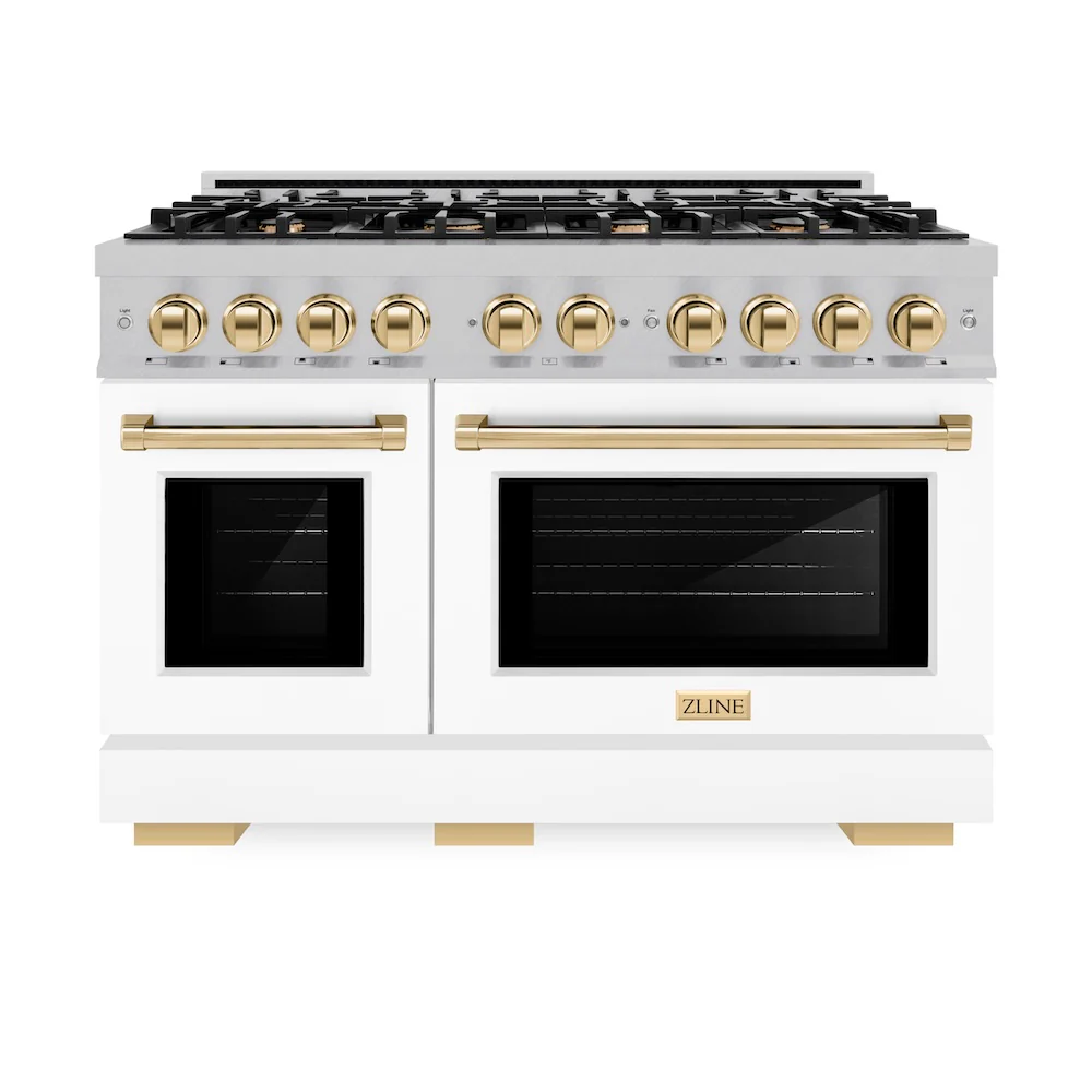 ZLINE Autograph Edition 48 in. 6.7 cu. ft. Select Double Oven Gas Range with 8 Burner Cooktop in Satin Stainless Steel with White Matte Doors and Polished Gold Accents, Open Box-Great Condition - Image 3