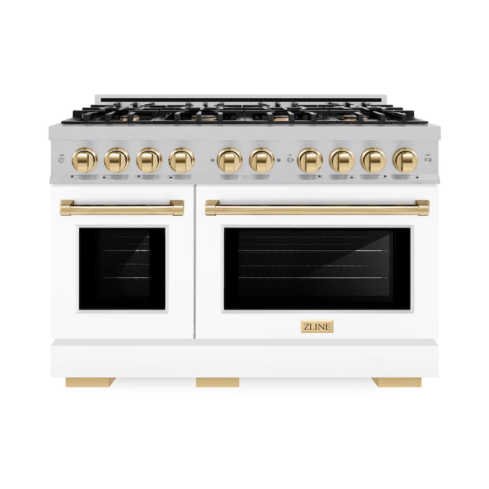 ZLINE Autograph Edition 48 in. 6.7 cu. ft. Select Double Oven Gas Range with 8 Burner Cooktop in Satin Stainless Steel with White Matte Doors and Polished Gold Accents, Open Box-Great Condition - Image 4