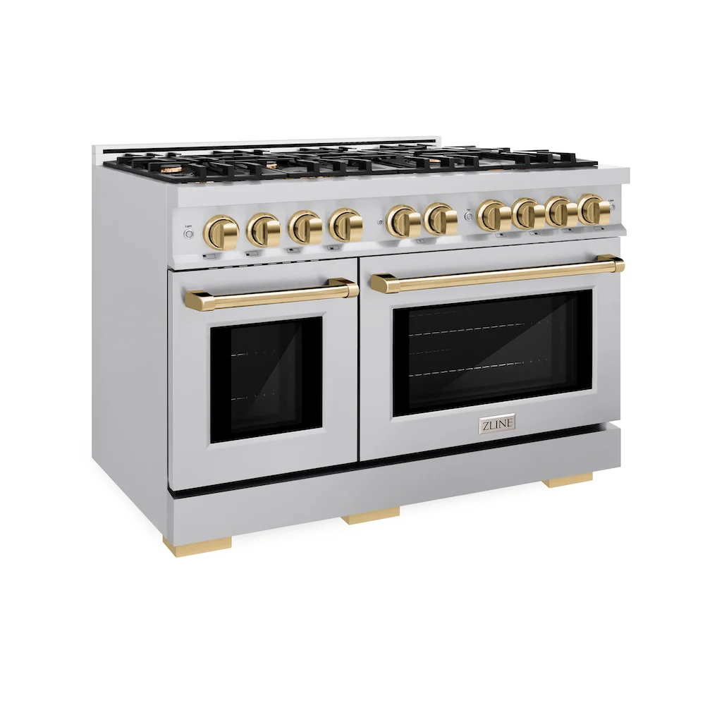 ZLINE Autograph Edition 48 in. 6.7 cu. ft. Select Double Oven Gas Range with 8 Burner Cooktop in Stainless Steel and Polished Gold Accents, Open Box-Great Condition
