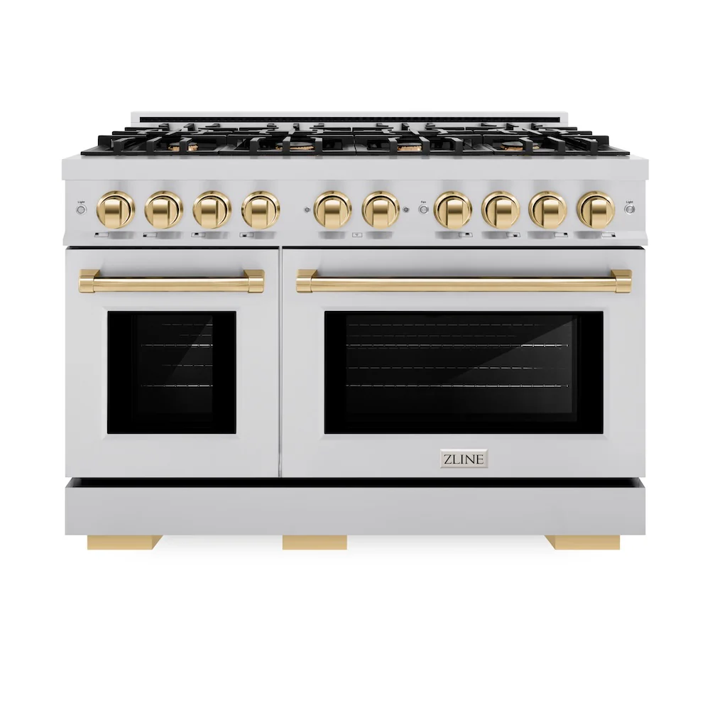 ZLINE Autograph Edition 48 in. 6.7 cu. ft. Select Double Oven Gas Range with 8 Burner Cooktop in Stainless Steel and Polished Gold Accents, Open Box-Great Condition - Image 4